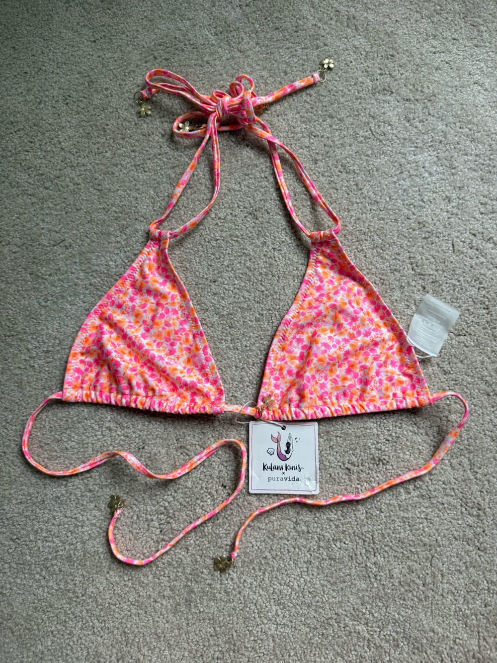 Kulani Kinis x Pura Vida Pink Floral Triangle Bikini Top